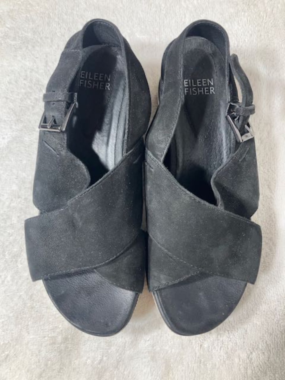 Eileen Fisher black suede crisscross slingback wedge sandals